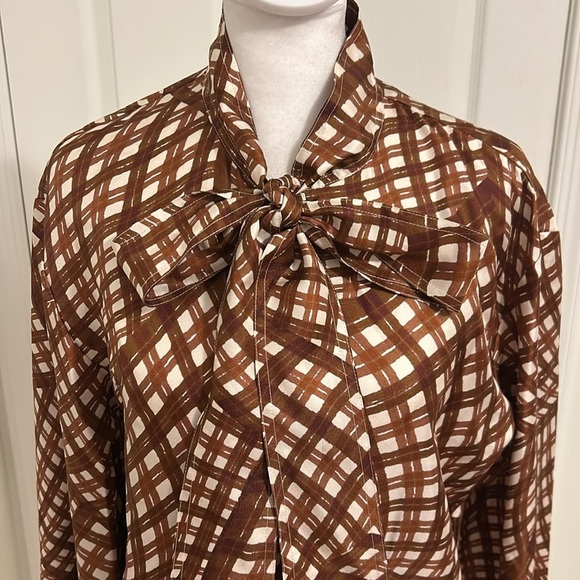 Tory Burch Abstract Gingham Check Pattern Silk Tie Blouse New Size 4 - Picture 6 of 13